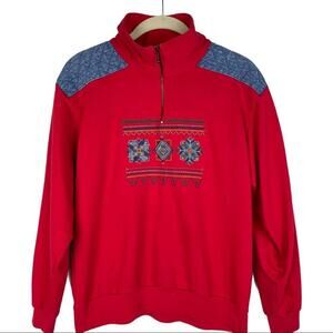 Vintage 1/4 zip embroidered denim trim sweatshirt
